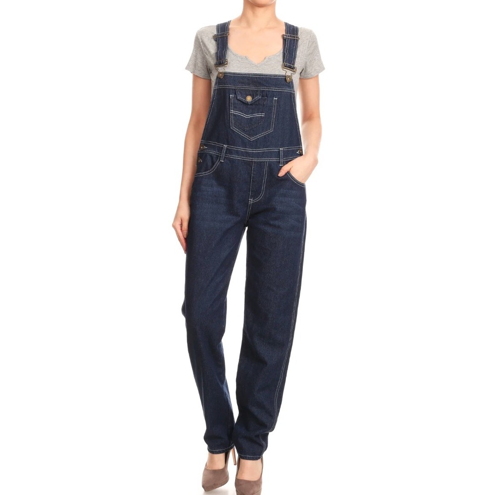 Anna-Kaci Vintage Style Straight-Leg Overalls Multiple pockets accents Med